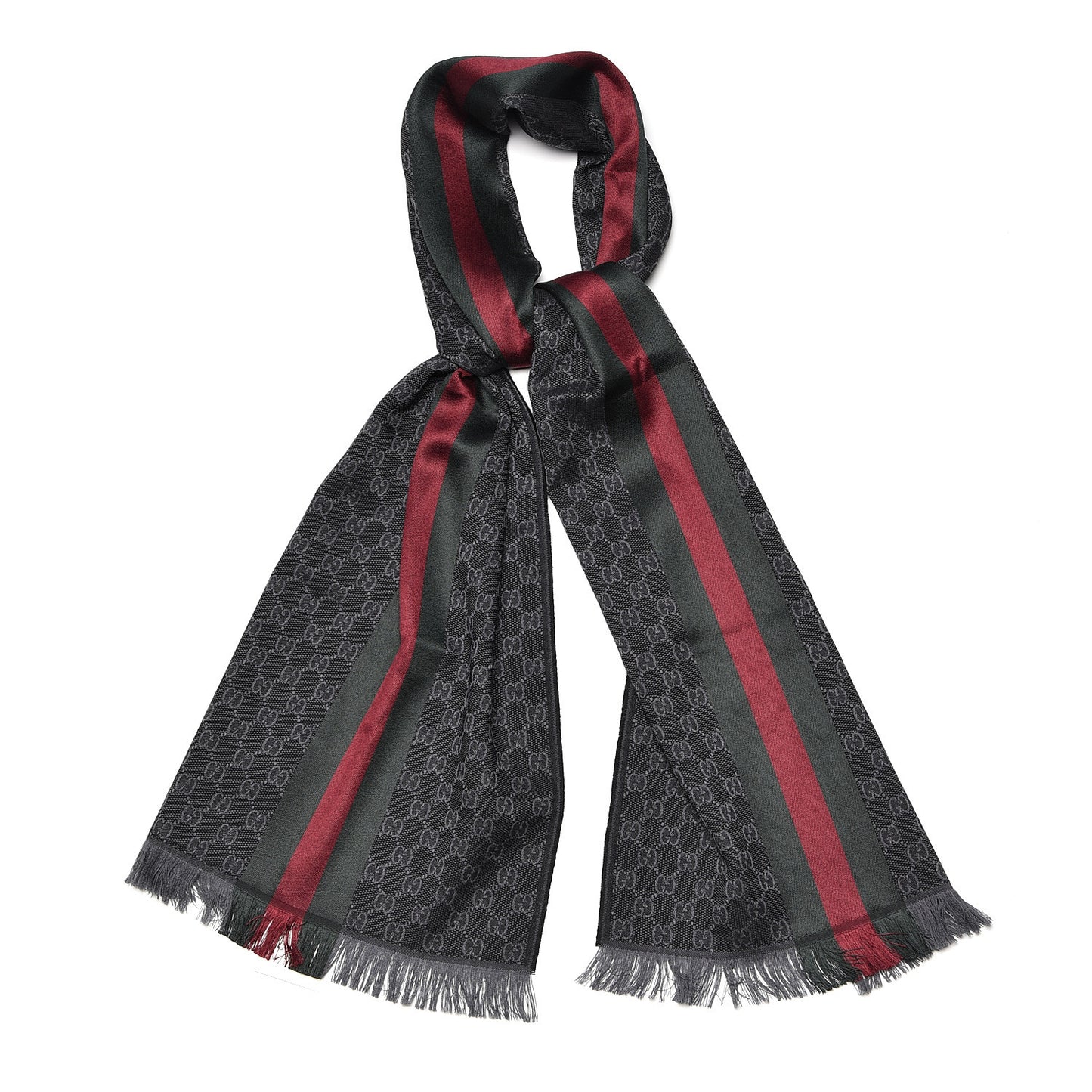 Wool Silk GG Monogram Web Verbier Fringe Scarf Black
