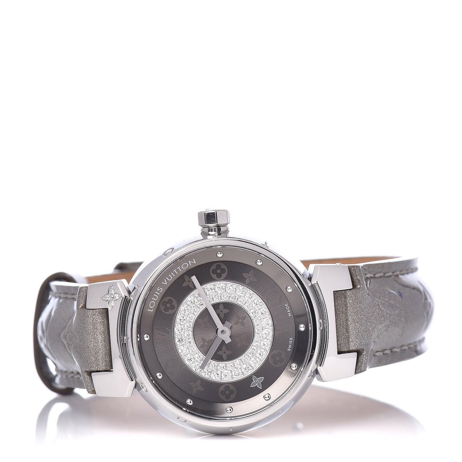 Louis Vuitton Stainless Steel Vernis Diamond 28mm Tambour Quartz Watch Grey 3 of 7