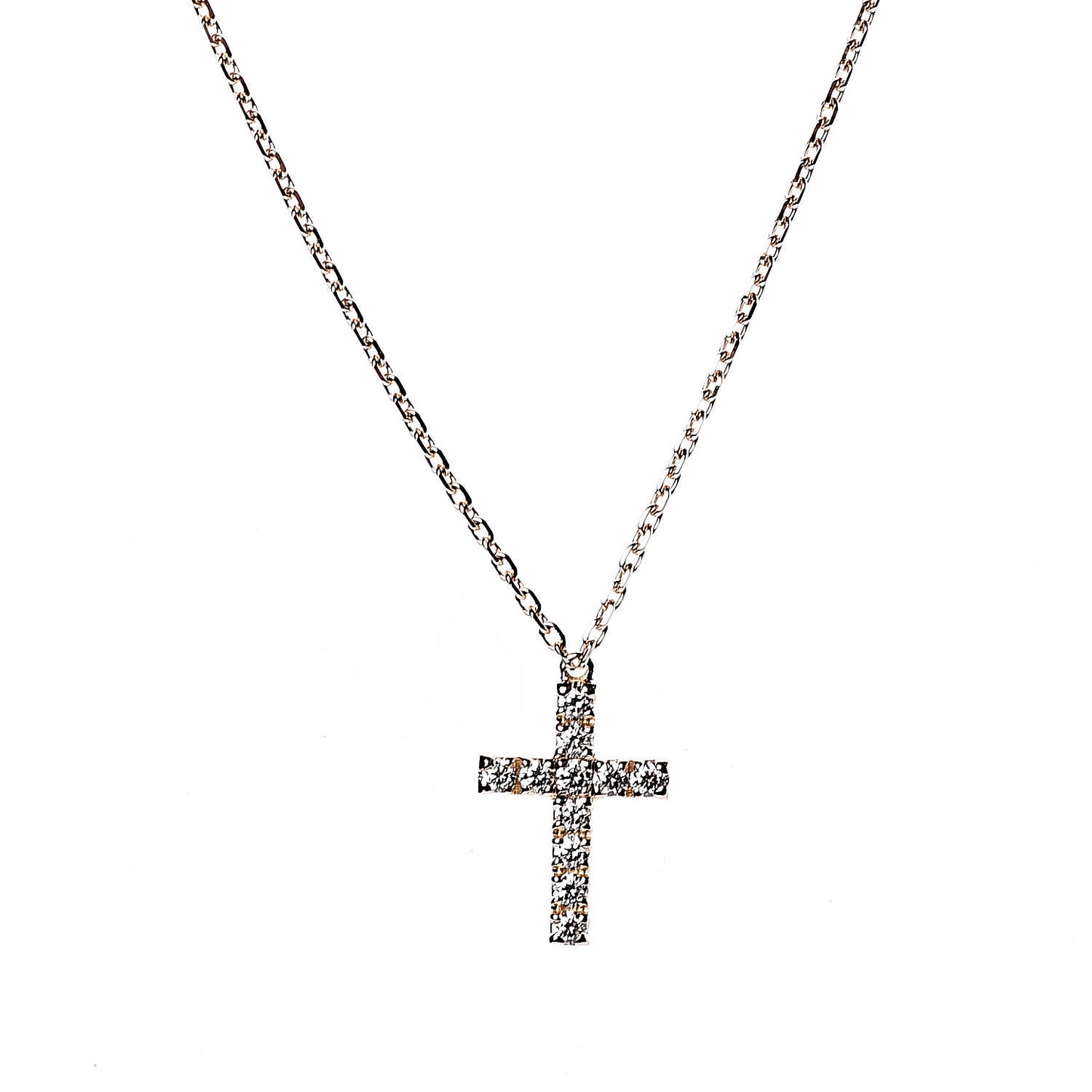 18K Pink Gold Diamond Symbols Cross Pendant Necklace
