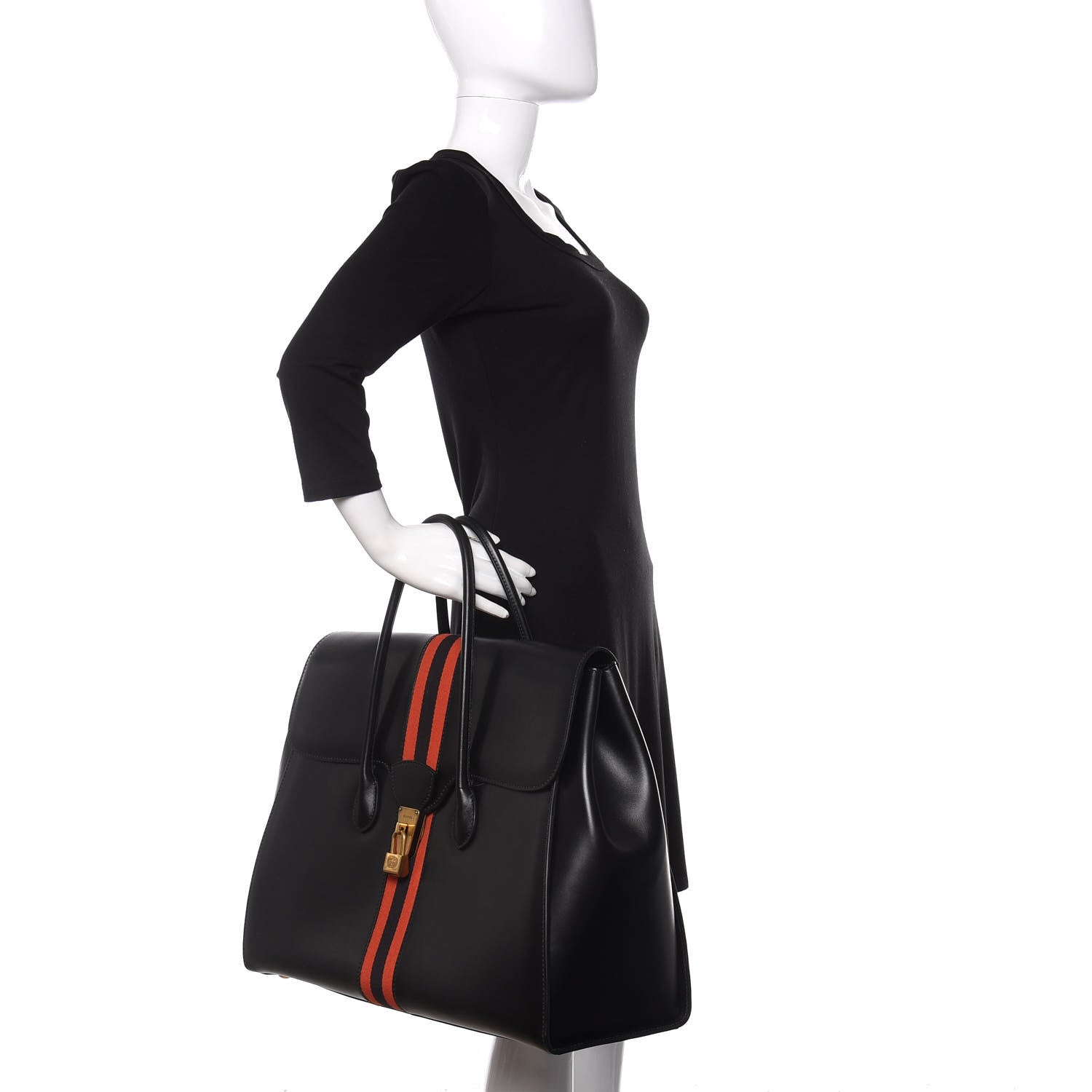 Gucci Plutone Calfskin Web Large Turn Lock Top Handle Duffle Bag Black 2 of 12