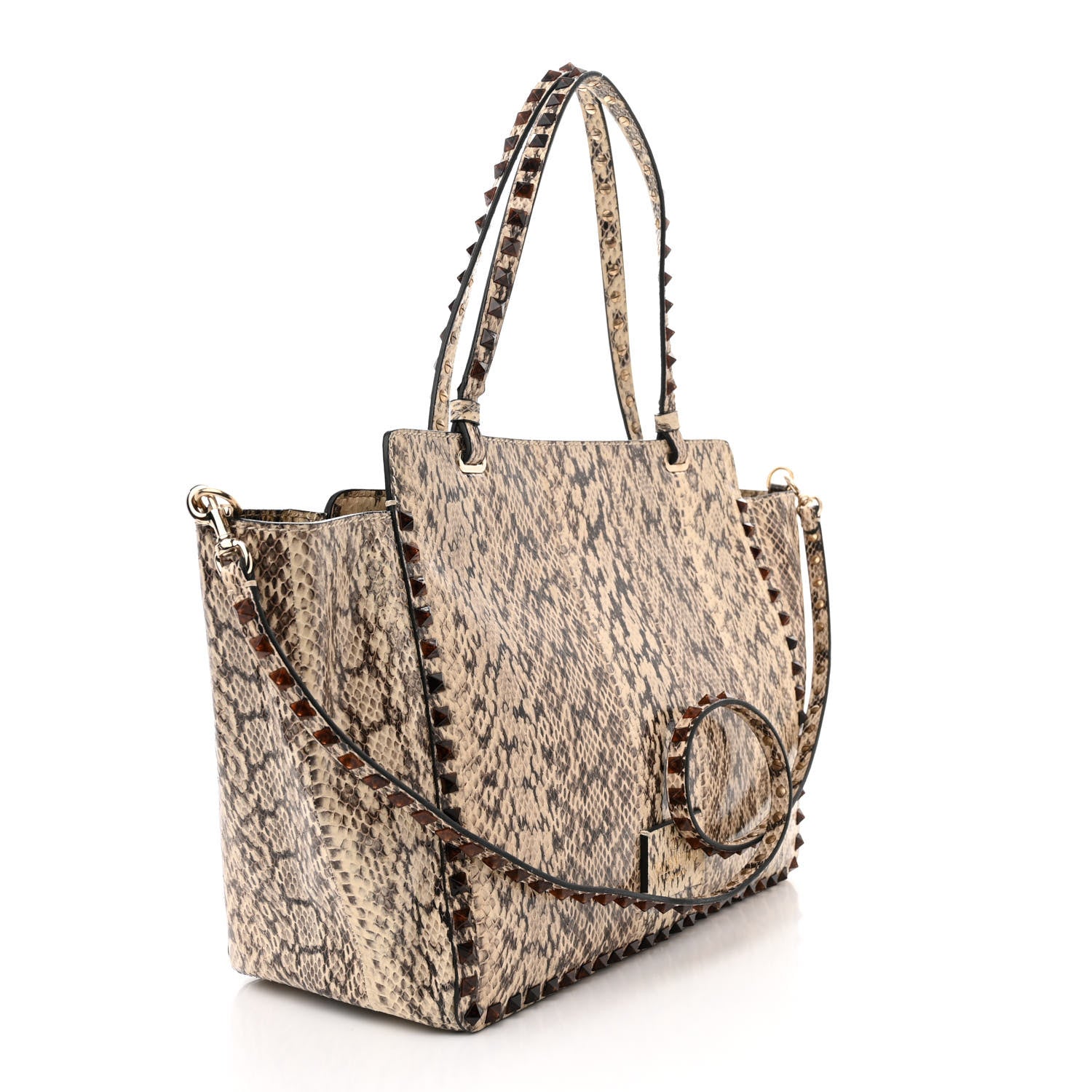 Valentino Garavani Snakeskin Medium Rockstud Tote Beige 3 of 10