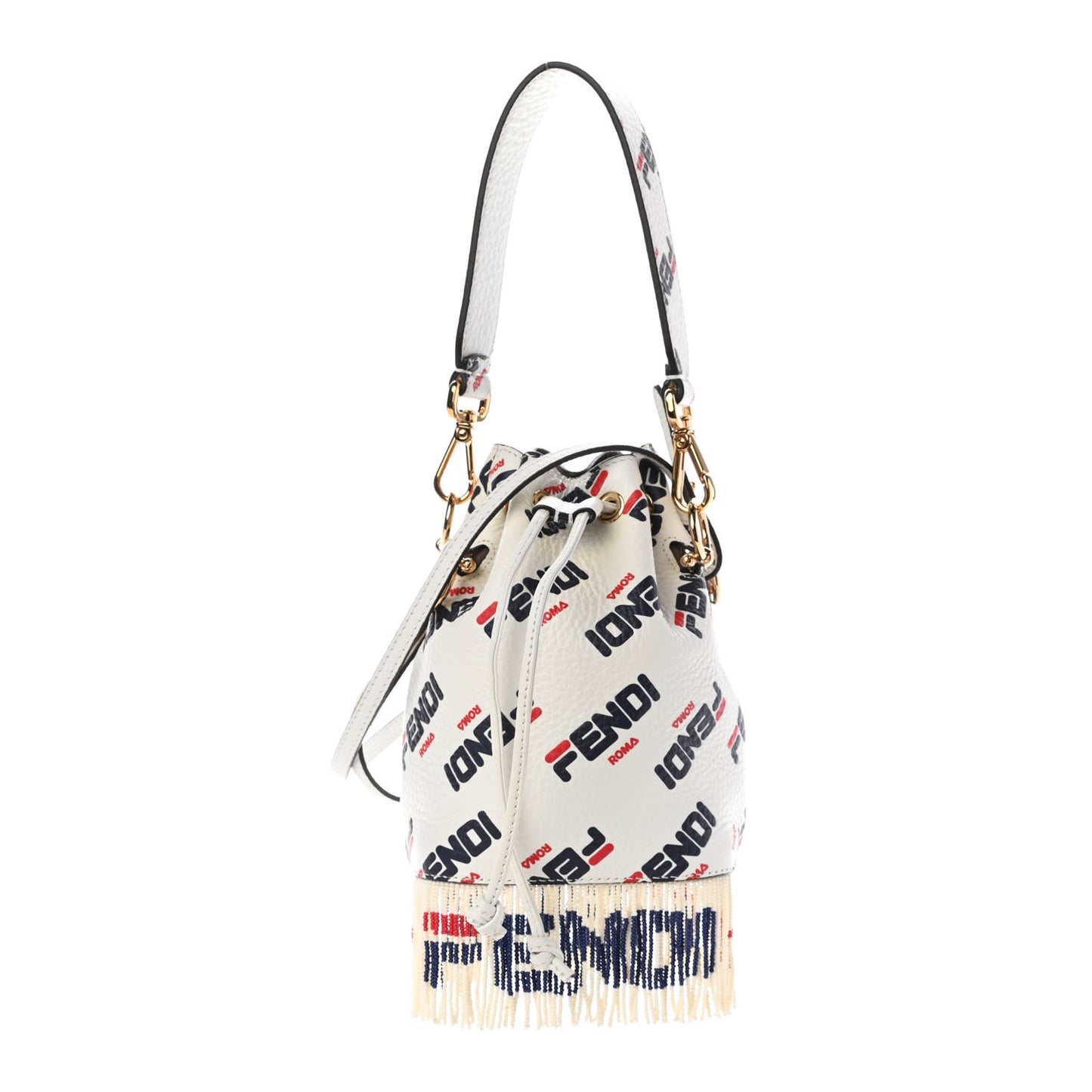 X FILA Calfskin F is Fendi Mania Fringe Mini Mon Tresor Bucket Bag White