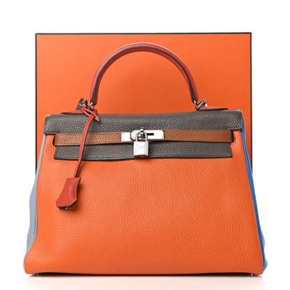 Hermes Taurillon Clemence Arlequin Kelly Retourne 32 Orange Sanguine Gold Bleu Lin Bleu Hydra Etain 11 of 11