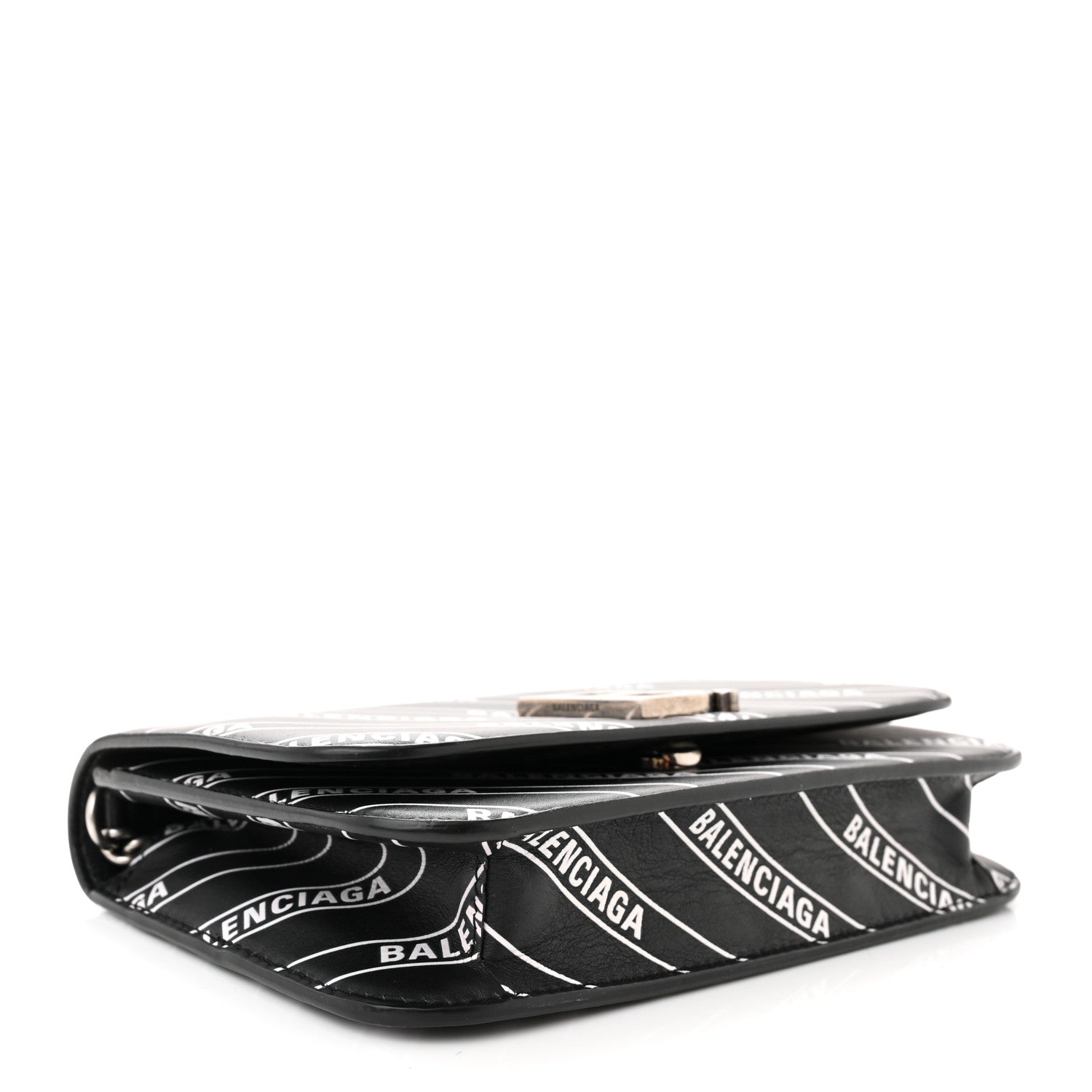 Balenciaga Matte Calfskin Diagonal Allover Logo Print B Wallet on Chain Black White 4 of 9