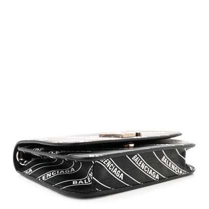 Balenciaga Matte Calfskin Diagonal Allover Logo Print B Wallet on Chain Black White 4 of 9