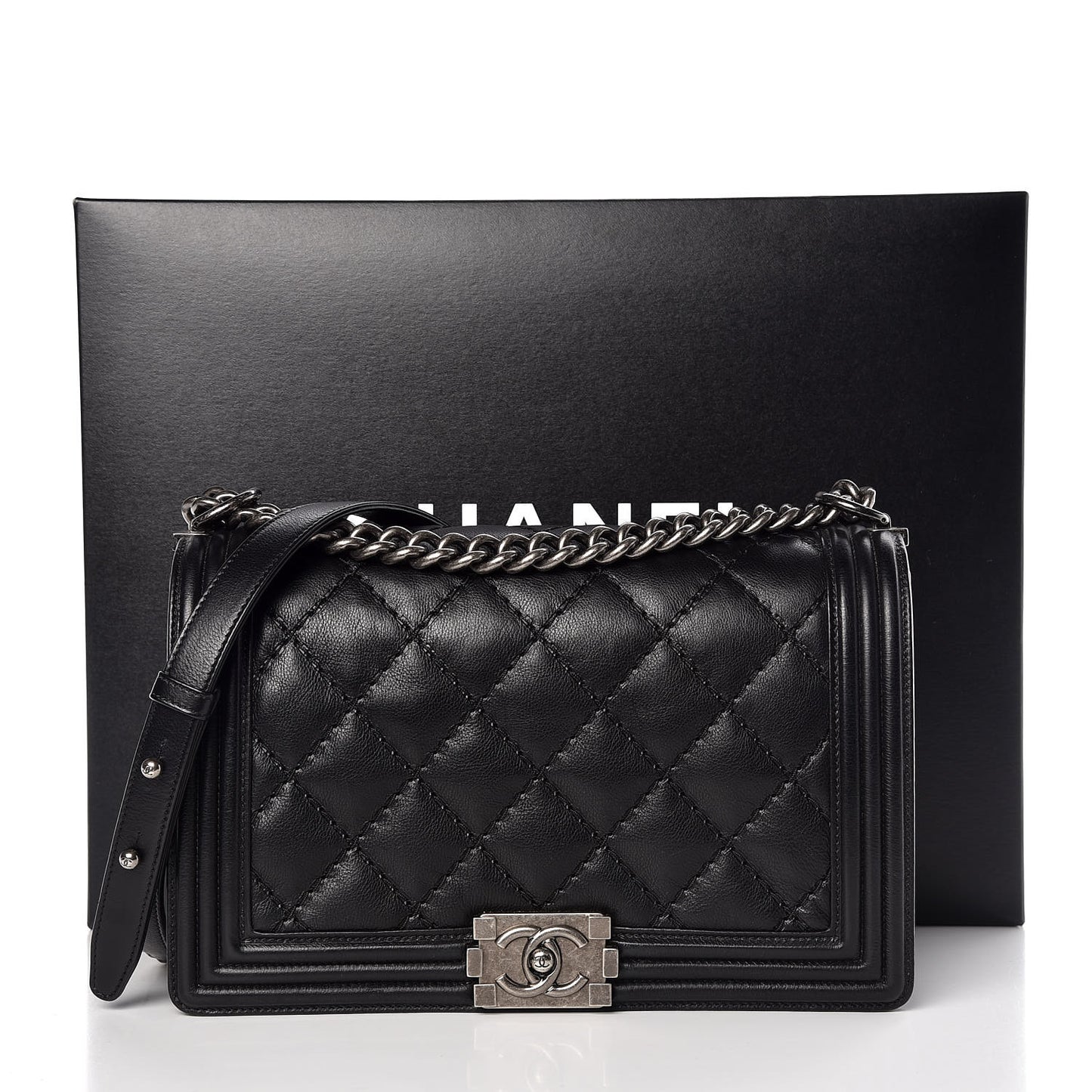 Calfskin Quilted Double Stitch New Medium Boy Flap Black
