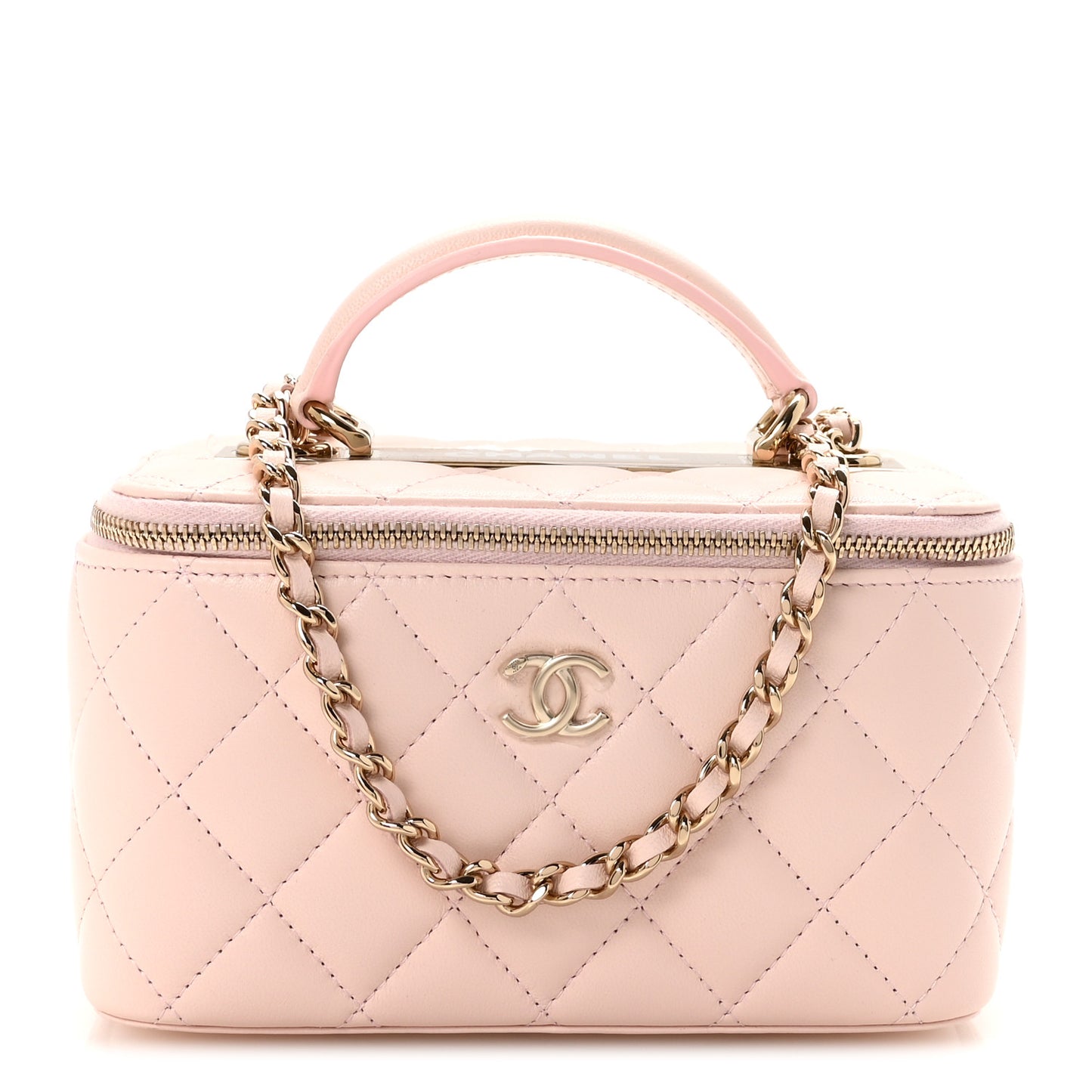 Lambskin Quilted Trendy Small Top Handle Vanity Case With Chain Light Pink