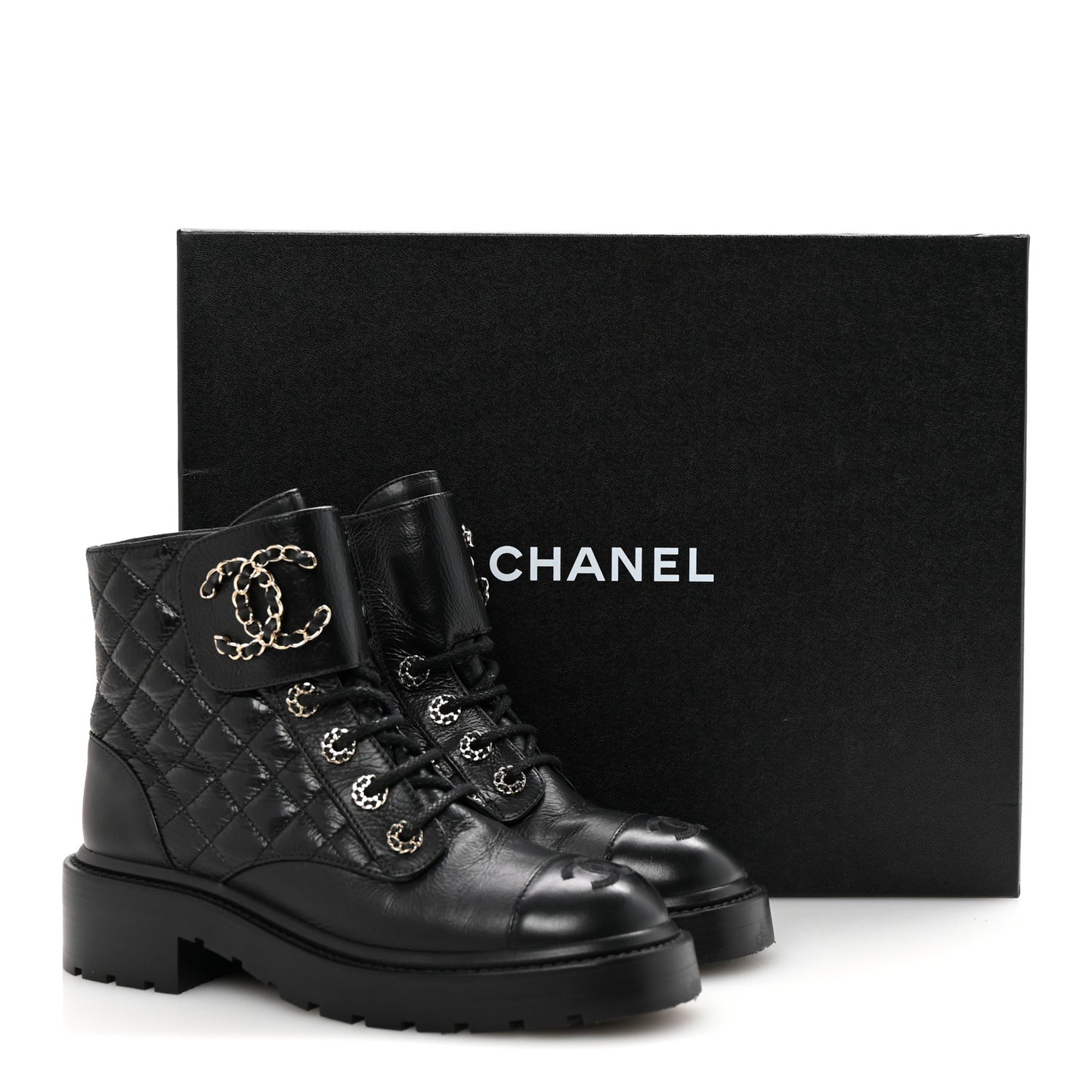 Shiny Goatskin Calfskin Quilted Lace Up Combat Boots 36.5 Black