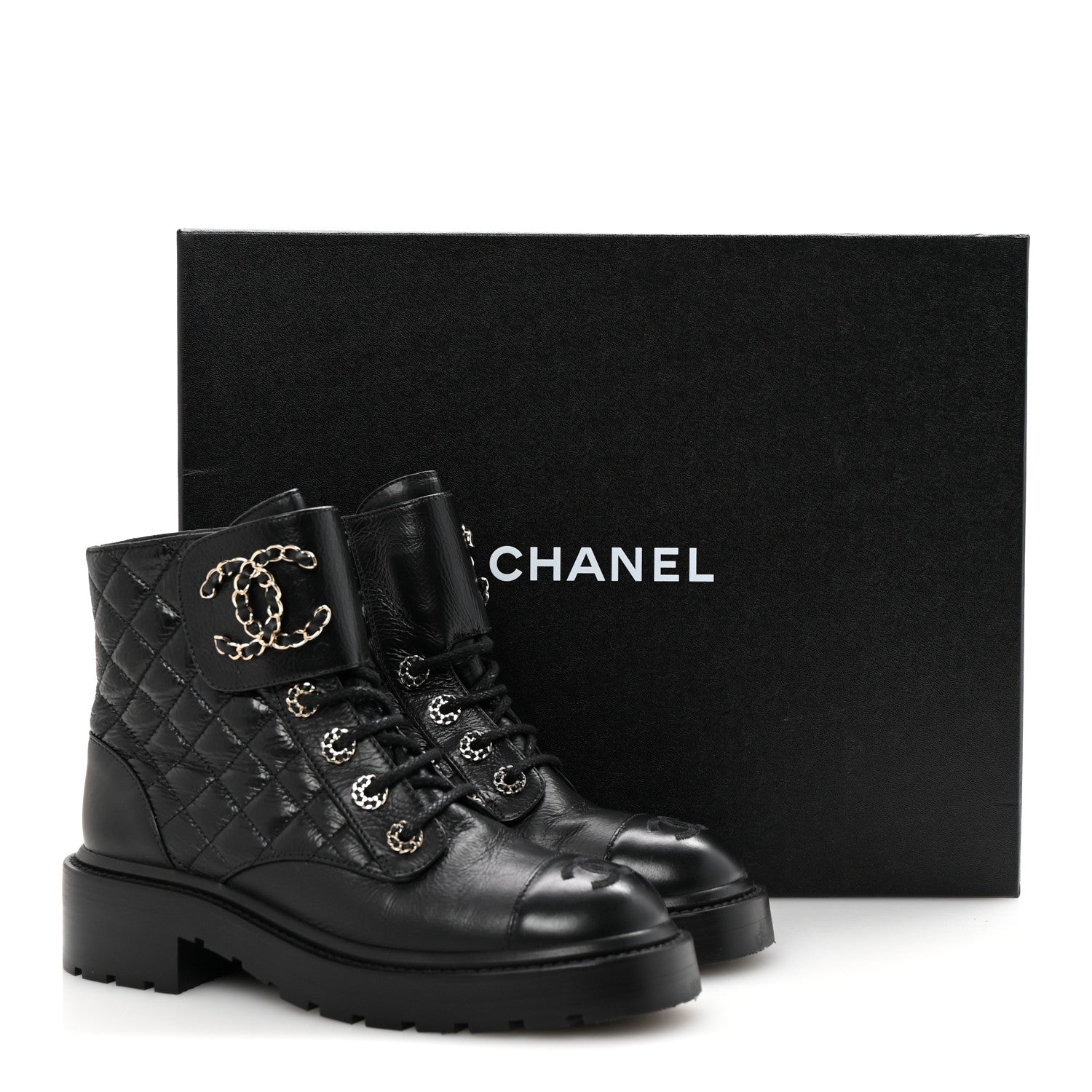 Chanel Shiny Goatskin Calfskin Quilted Lace Up Combat Boots 36.5 Black 10 of 10