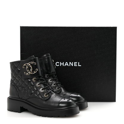 Chanel Shiny Goatskin Calfskin Quilted Lace Up Combat Boots 36.5 Black 10 of 10