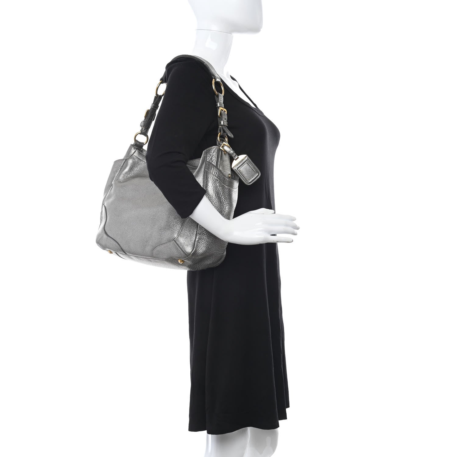Prada Metallic Vitello Daino Side Pocket Tote Bag Acciaio 2 of 14