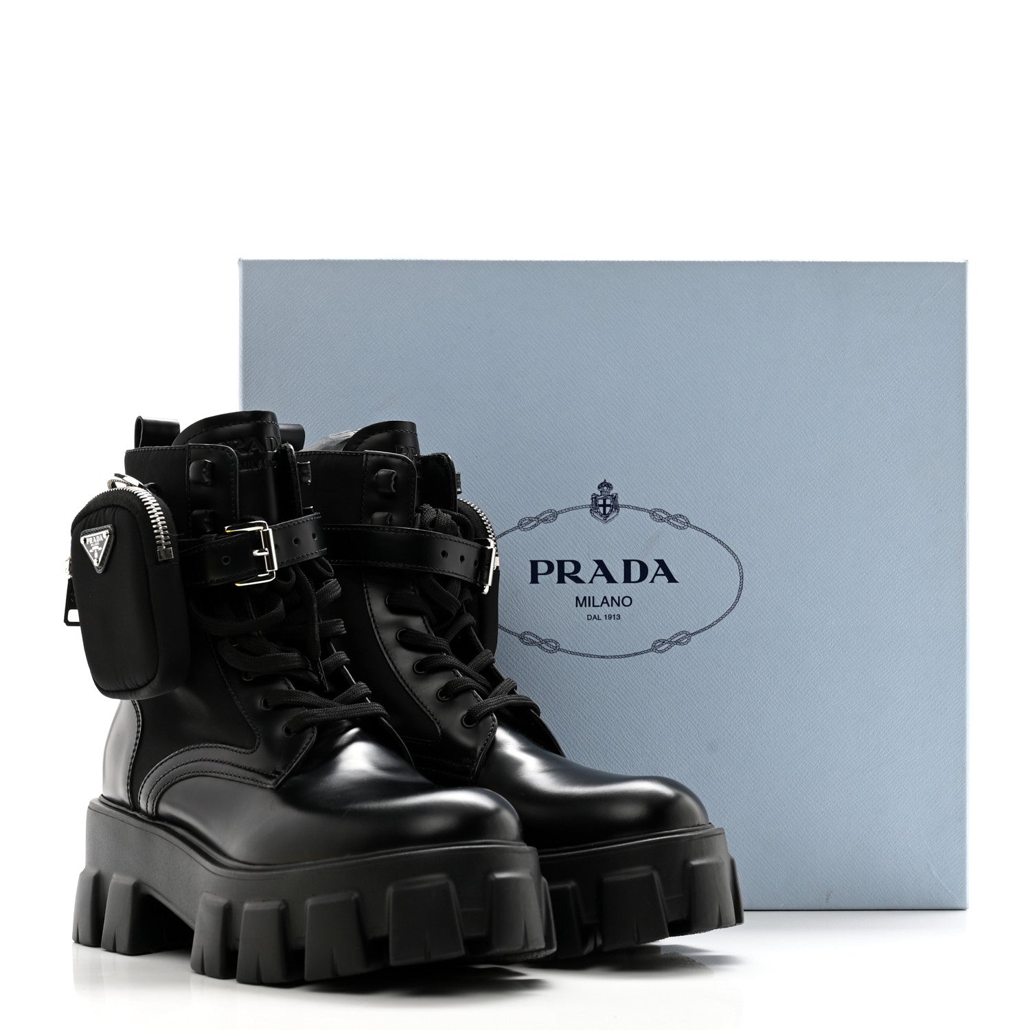 Prada Spazzolato Rois Re-Nylon Metal Triangle Logo Monolith Pouch Pocket 55mm Boots 37 Black 8 of 8