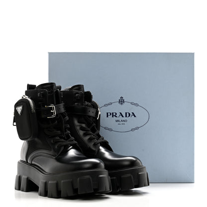 Prada Spazzolato Rois Re-Nylon Metal Triangle Logo Monolith Pouch Pocket 55mm Boots 37 Black 8 of 8