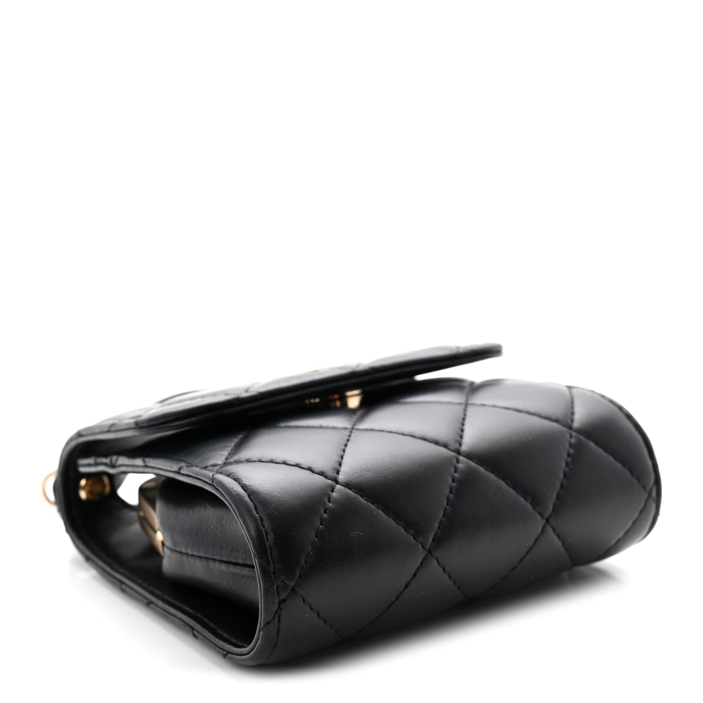 Lambskin Quilted Kiss Lock Top Handle Flap Clutch With Chain Black
