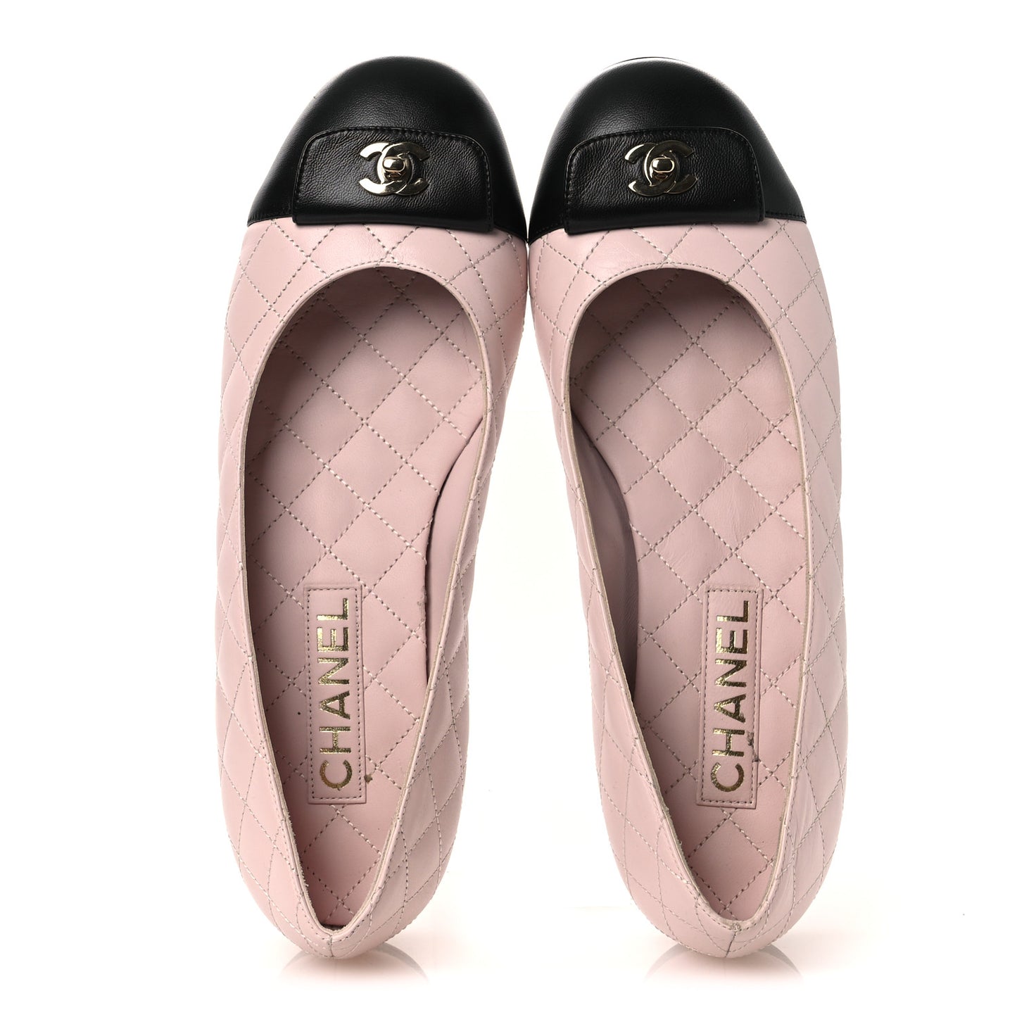 Calfskin Lambskin Quilted CC Ballerina Flats 39 Light Pink Black