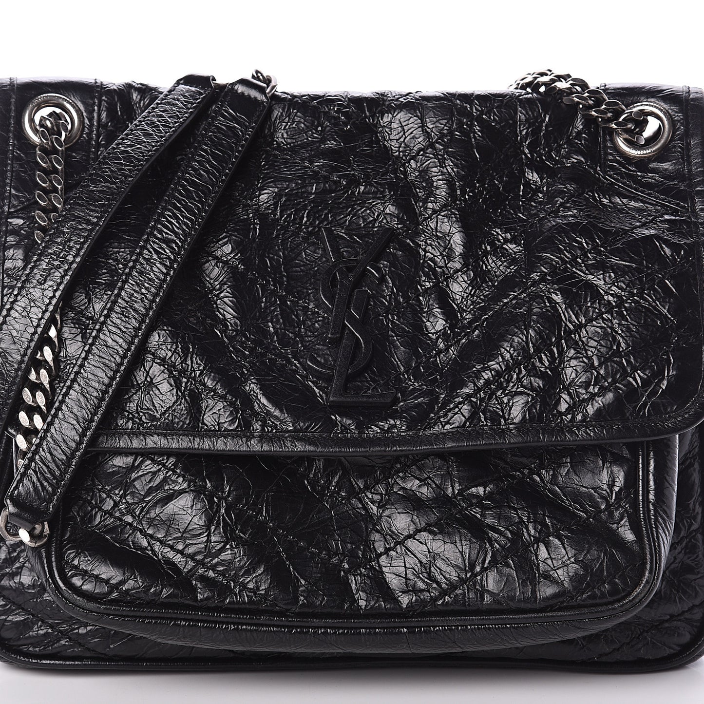 Crinkled Calfskin Matelasse Monogram Medium Niki Chain Satchel Black