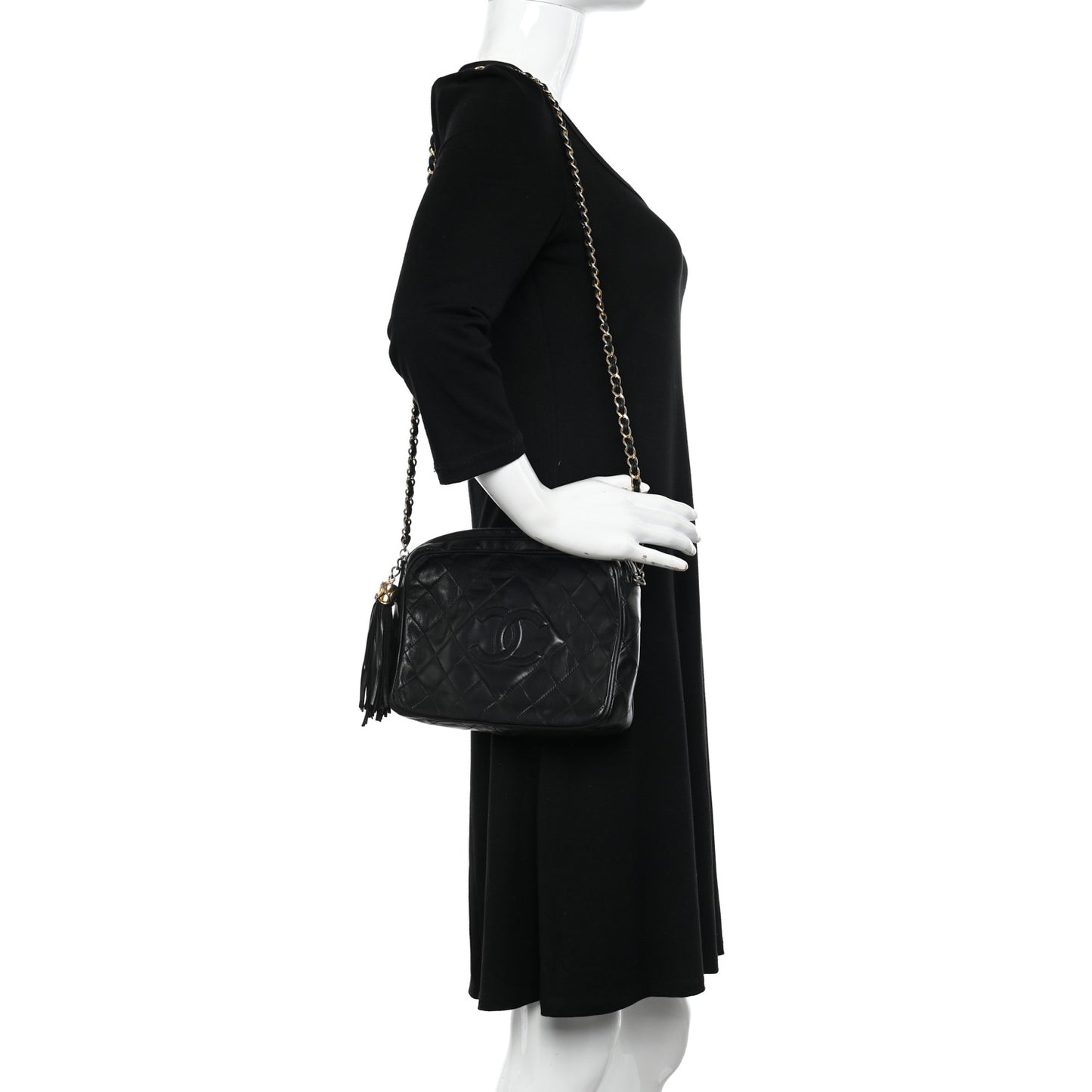 Lambskin Quilted Tassel Camera Case Black
