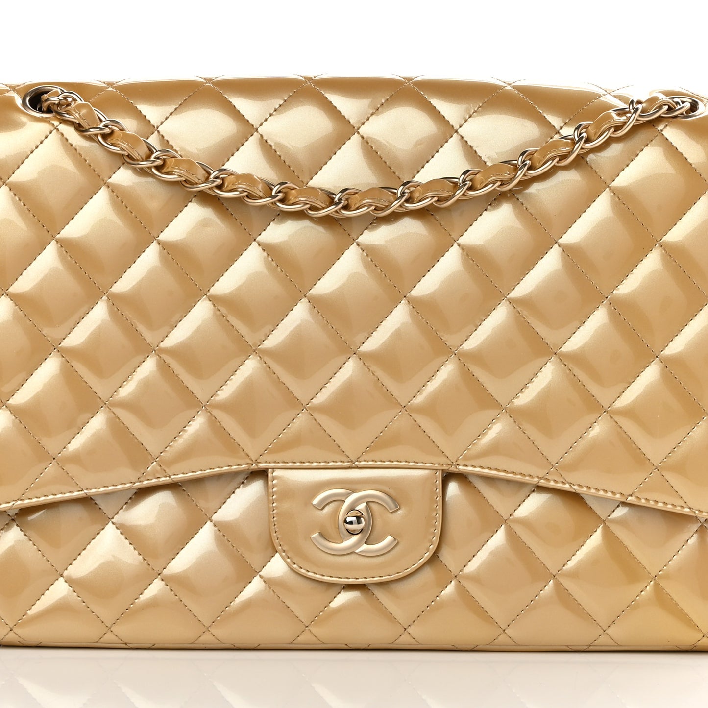 Metallic Patent Quilted Maxi Single Flap Beige