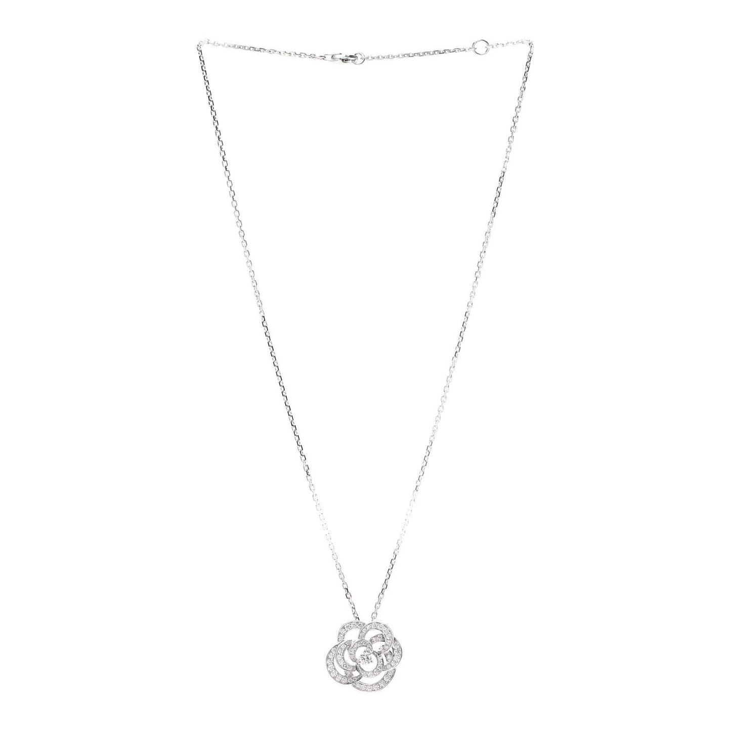 18K White Gold Diamond Large Camelia Pendant Necklace