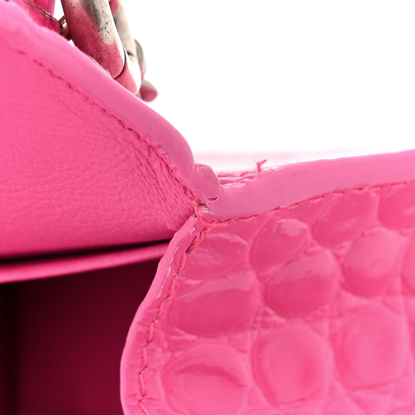 Shiny Calfskin Crocodile Embossed Hourglass Top Handle Bag Mini with Chain Neon Pink