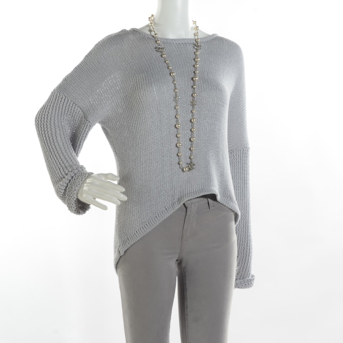 Crystal Pearl CC Long Necklace Silver