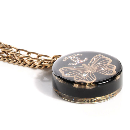 Chanel Crystal Resin Butterfly CC Pendant Necklace Black Gold 6 of 7