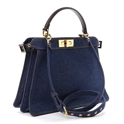 Fendi Denim Fabric Jacquard Cuoio FF 1974 Medium Peekaboo I SEE U Satchel Blue Tobacco Moro 3 of 11