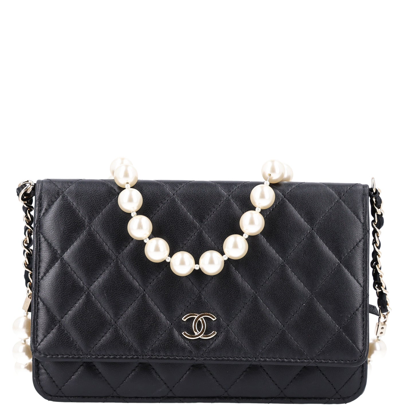 Lambskin Quilted Pearl Wallet On Chain WOC Black