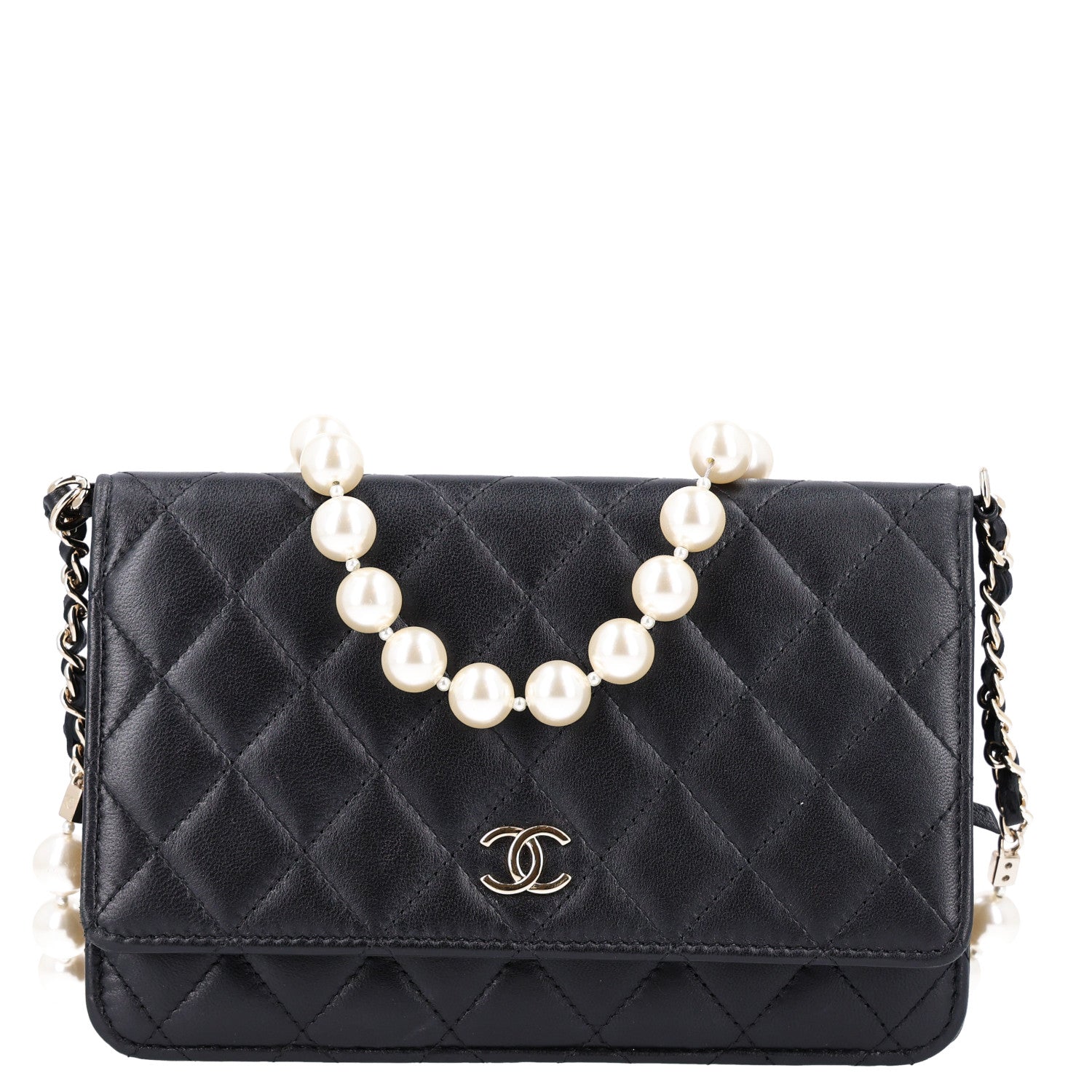 Chanel Lambskin Quilted Pearl Wallet On Chain WOC Black 1 of 11