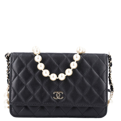 Chanel Lambskin Quilted Pearl Wallet On Chain WOC Black 1 of 11