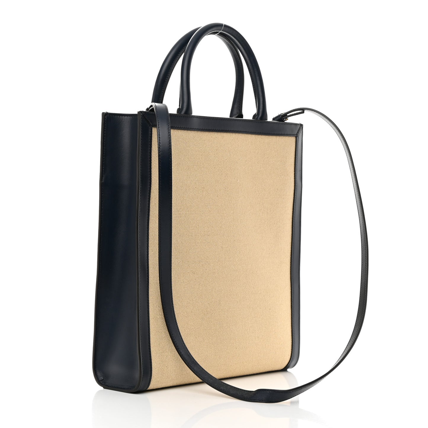 Canvas Calfskin Small Vertical Cabas Vanilla Navy