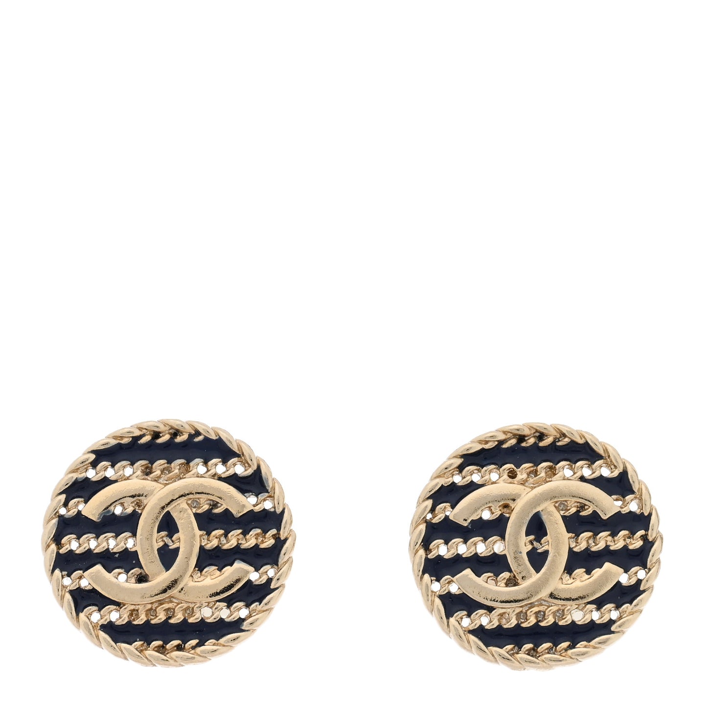 Metal Chain CC Round Clip On Earrings Gold Blue