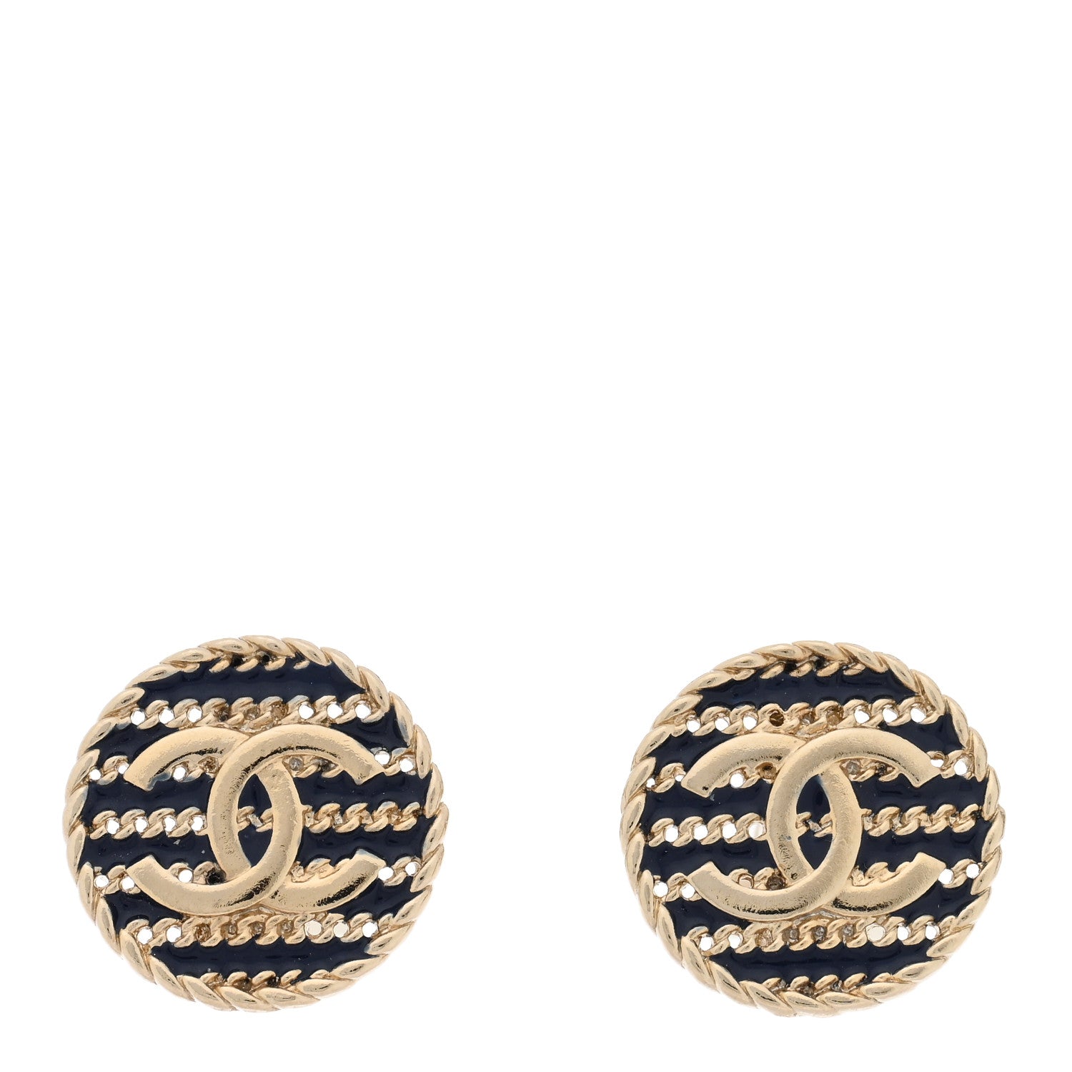 Chanel Metal Chain CC Round Clip On Earrings Gold Blue 1 of 5
