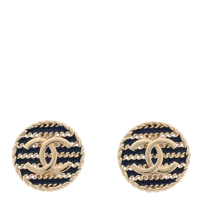Chanel Metal Chain CC Round Clip On Earrings Gold Blue 1 of 5