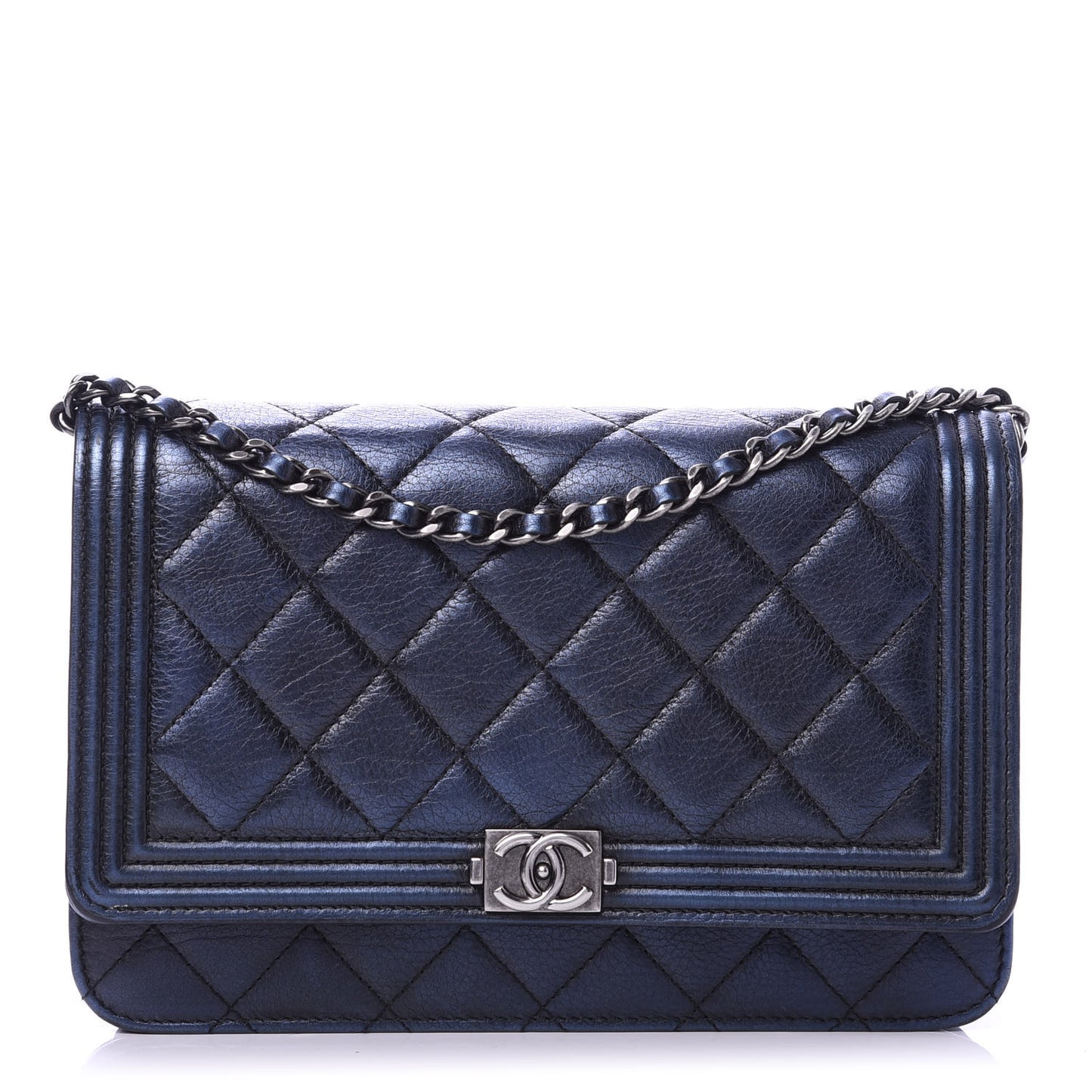 Metallic Calfskin Quilted Boy Wallet On Chain WOC Navy Blue