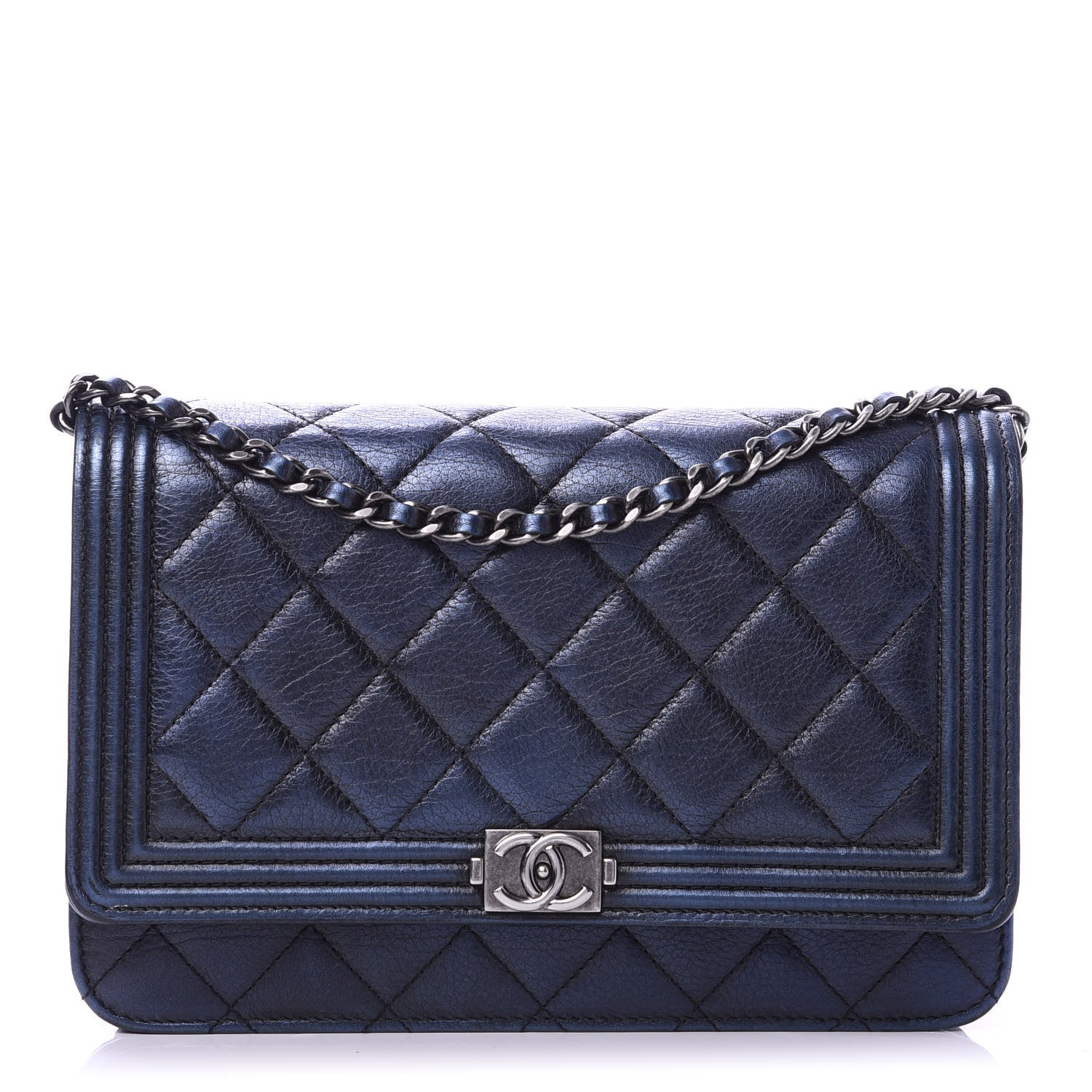 Chanel Metallic Calfskin Quilted Boy Wallet On Chain WOC Navy Blue 1 of 13