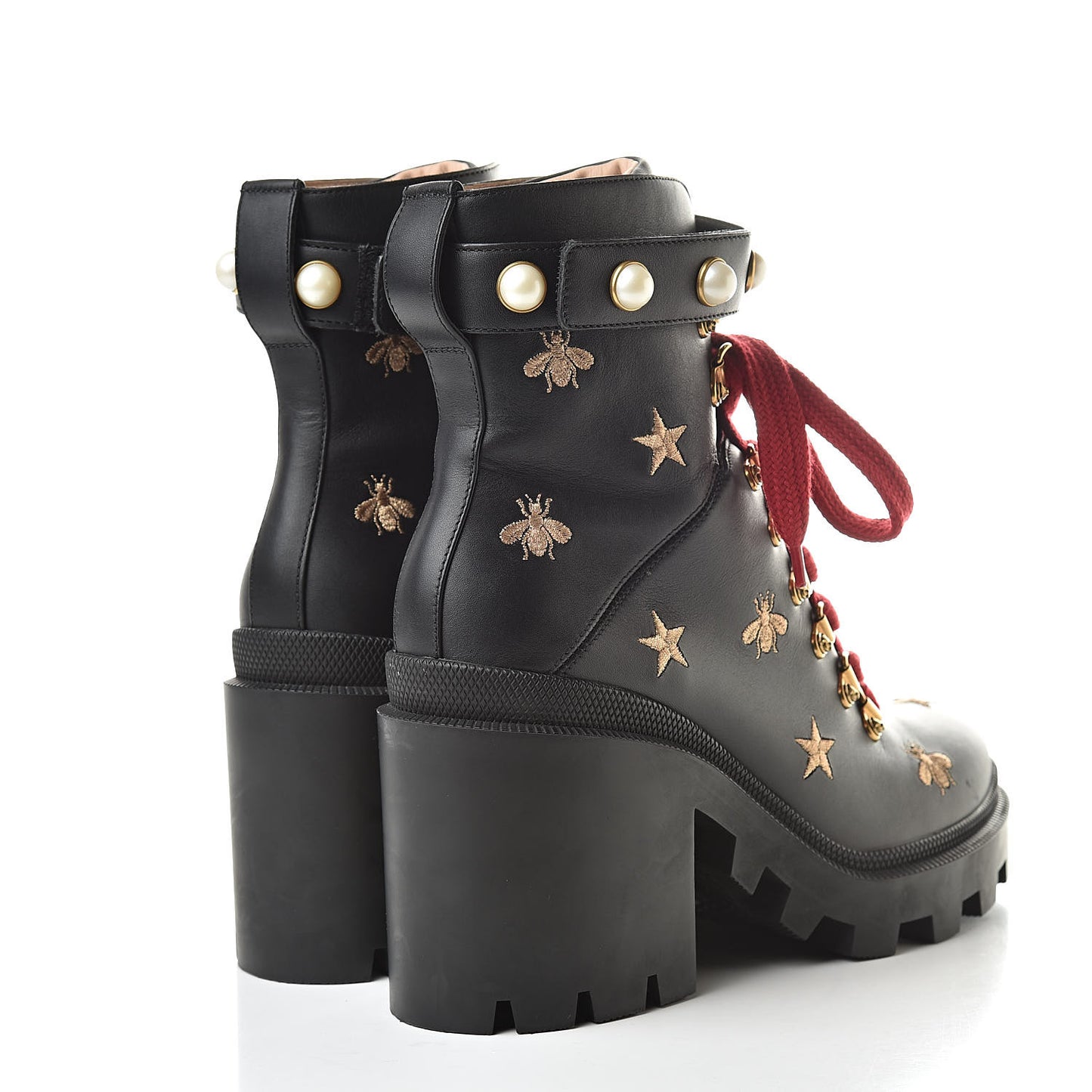 Calfskin Embroidered Lace Up Combat Ankle Boots 39 Black