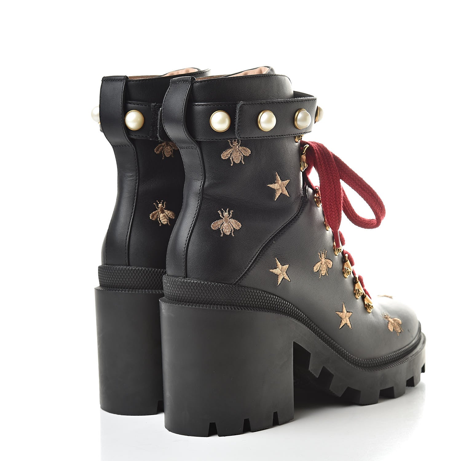 Gucci Calfskin Embroidered Lace Up Combat Ankle Boots 39 Black 4 of 11