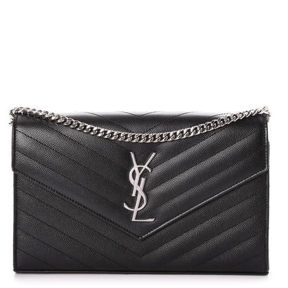 Saint Laurent Grain De Poudre Matelasse Chevron Monogram Chain Wallet Black 1 of 10