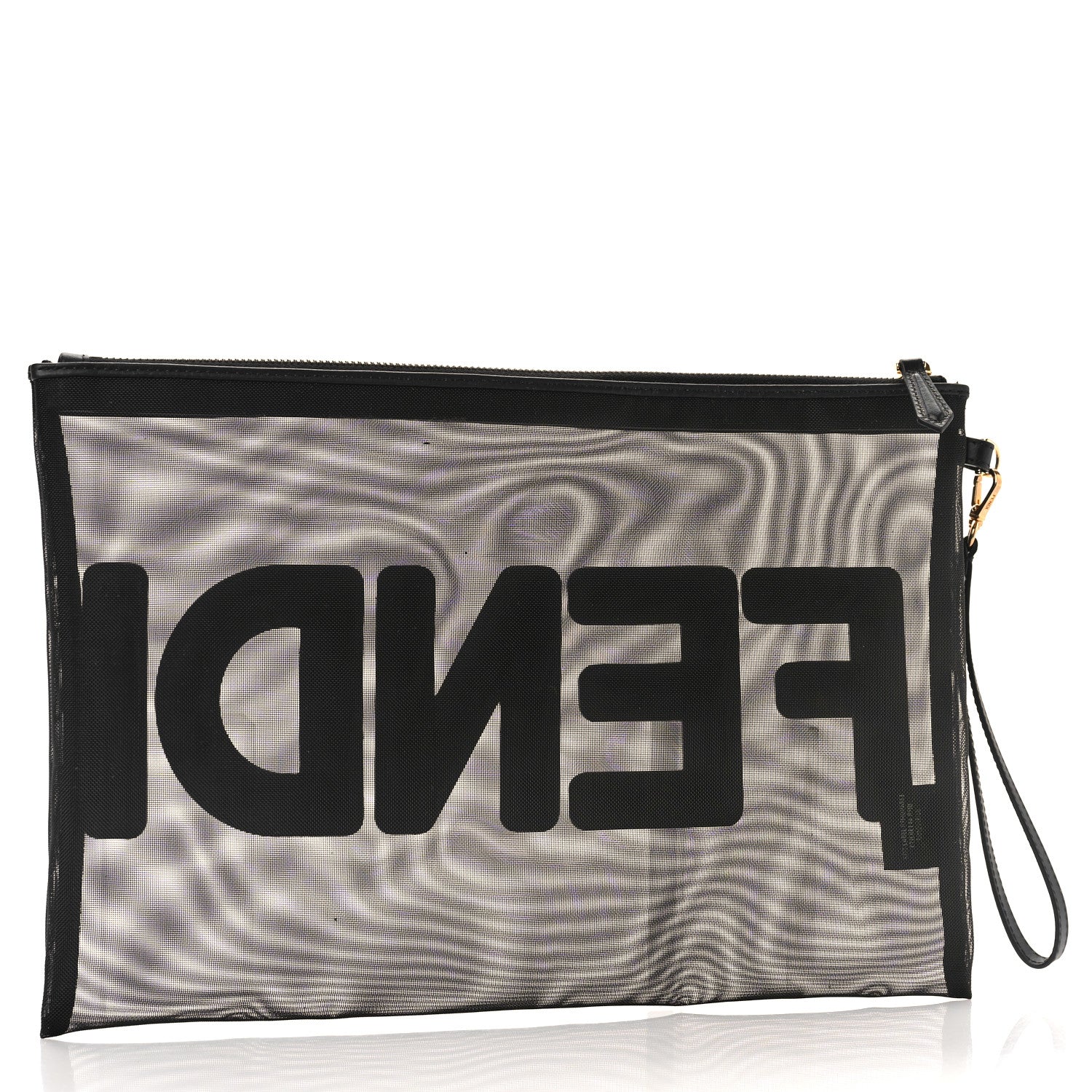 Fendi Mesh Vitello King Logo Embroidered Large Flat Pouch Black 3 of 8