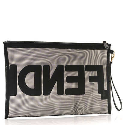 Fendi Mesh Vitello King Logo Embroidered Large Flat Pouch Black 3 of 8