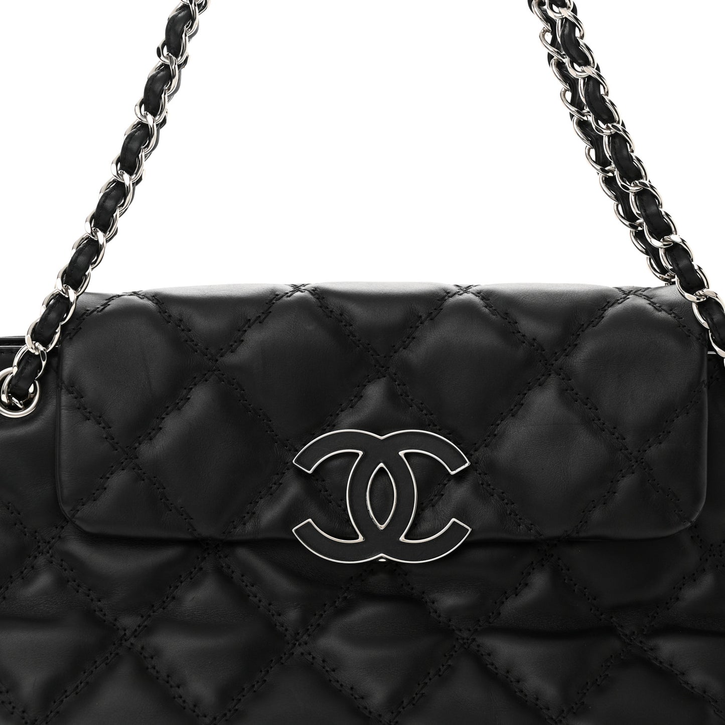 Calfskin Double Stitch Large Hamptons Flap Bag Black