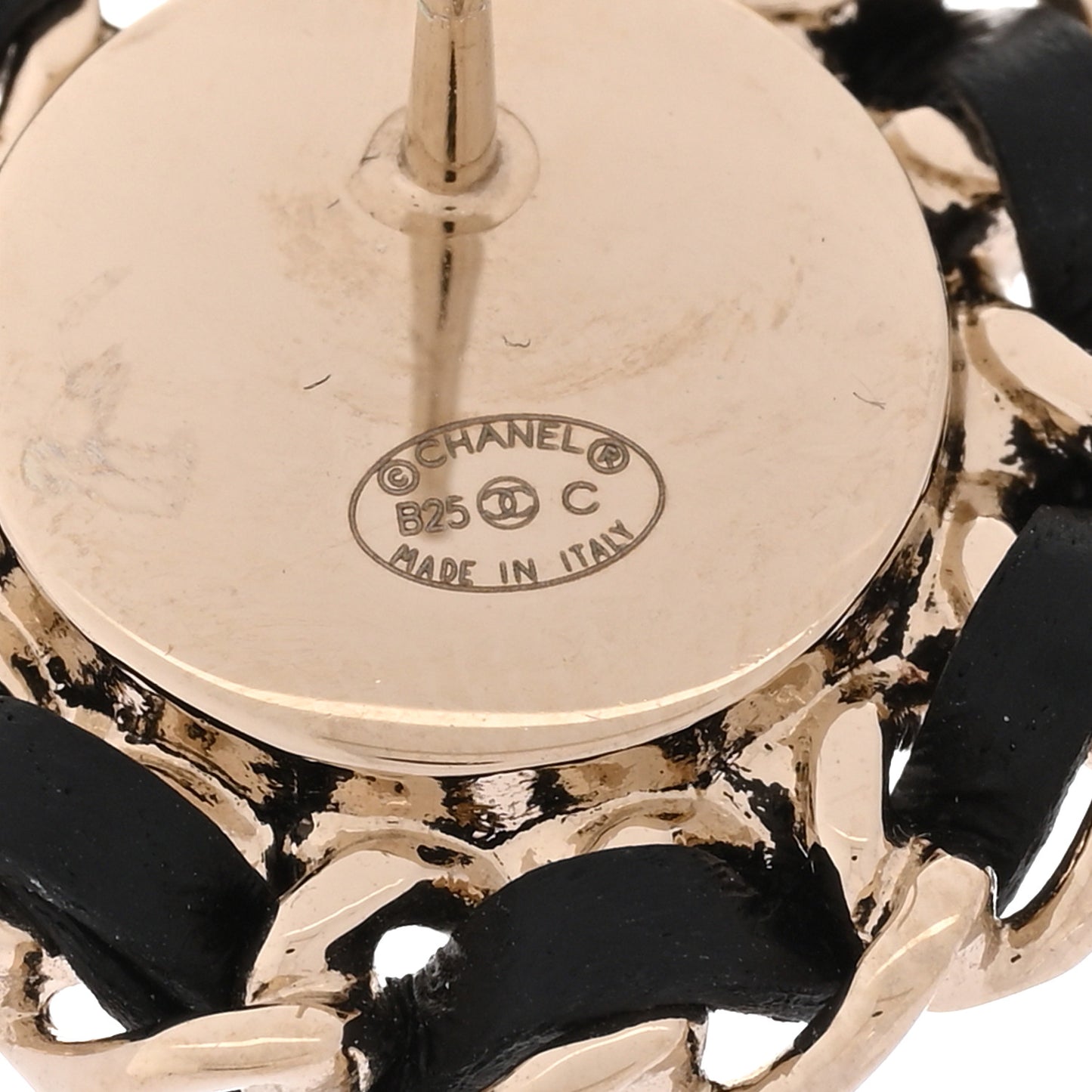 Crystal Lambskin Chain CC Stud Earrings Black Gold
