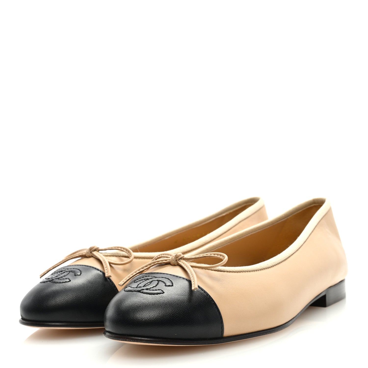 Chanel Lambskin Cap Toe CC Ballerina Flats 38.5 Beige Black 3 of 8