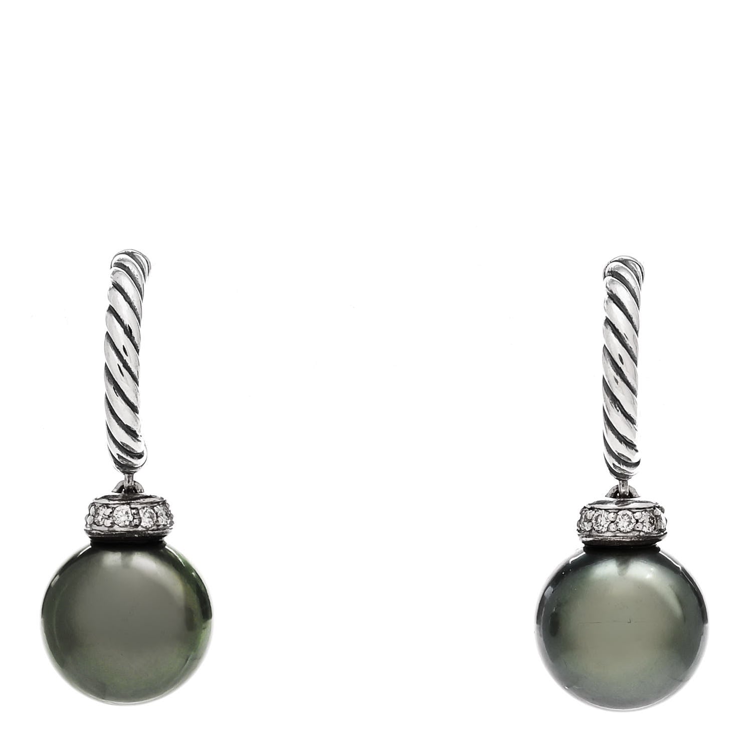 David Yurman Sterling Silver Diamond Tahitian Pearl Solari Cable Drop Earrings 1 of 5