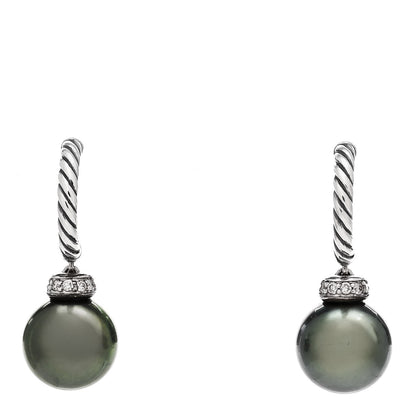 David Yurman Sterling Silver Diamond Tahitian Pearl Solari Cable Drop Earrings 1 of 5