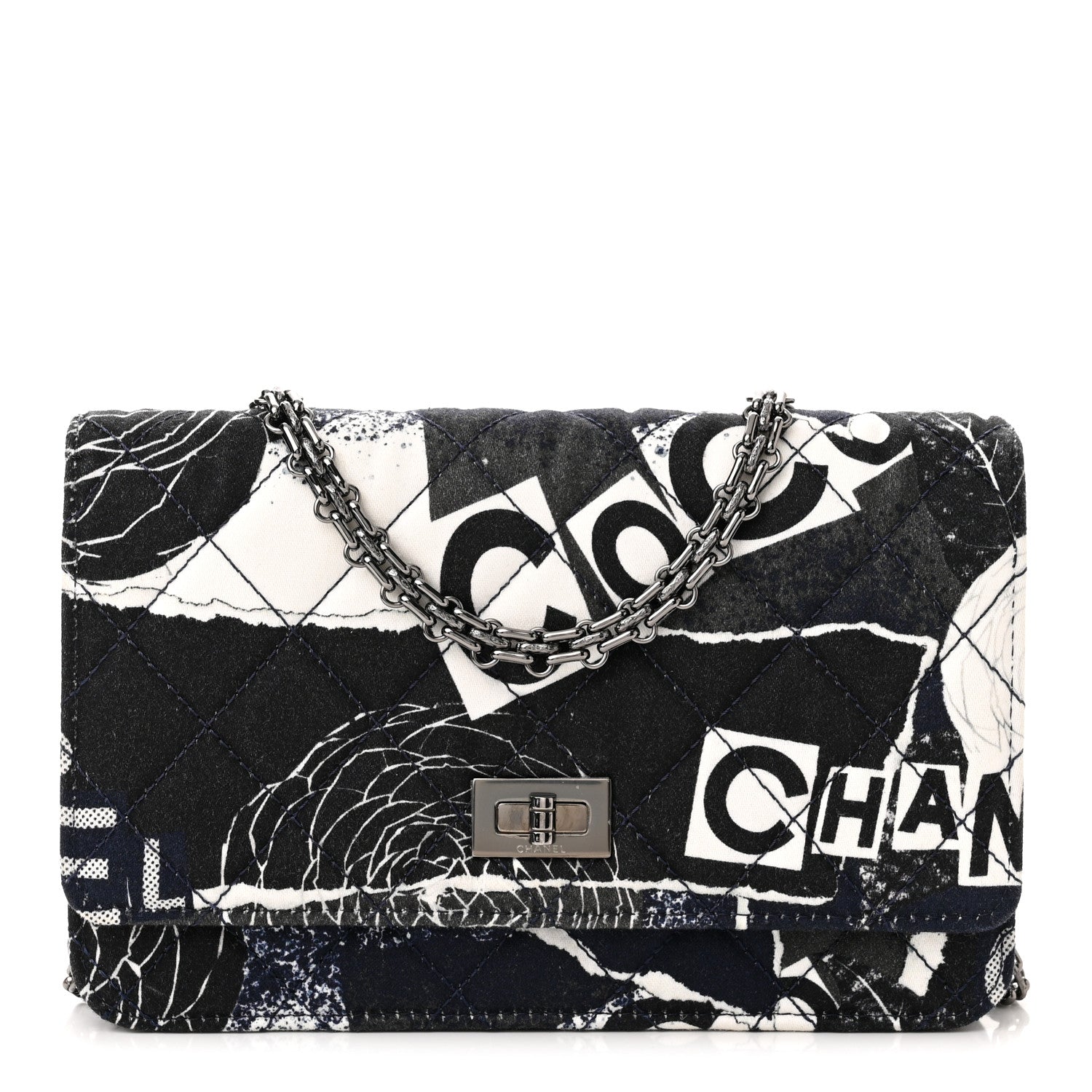 Chanel Canvas Printed Quilted 2.55 Reissue Wallet On Chain WOC White Black Navy Blue 1 of 12