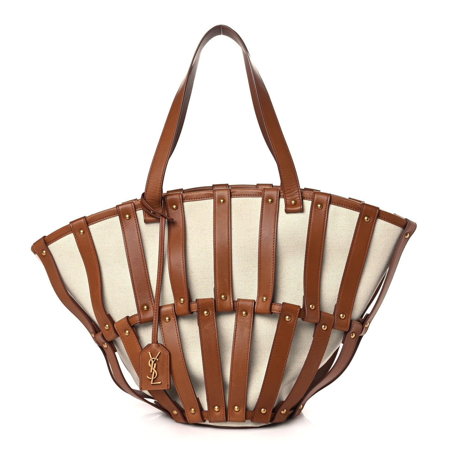Saint Laurent Calfskin Canvas Beatrix Panier Cut Out Tote Grege Brick 1 of 9