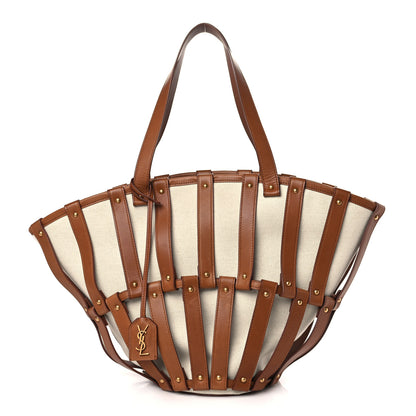 Saint Laurent Calfskin Canvas Beatrix Panier Cut Out Tote Grege Brick 1 of 9