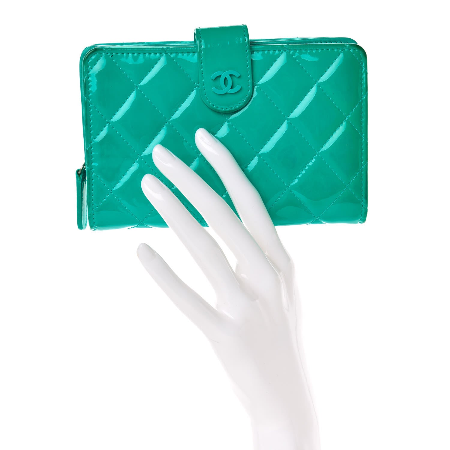 Chanel Patent Quilted Zip Pocket Wallet Turquoise 2 of 26